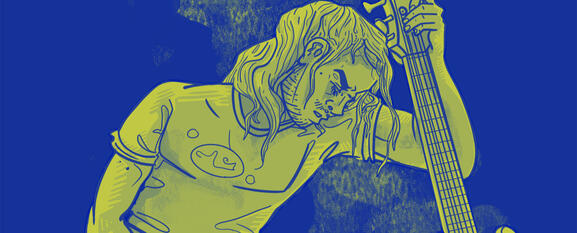 drawing of a man holding a guitar, with a duochrome yellow and blue color scheme.