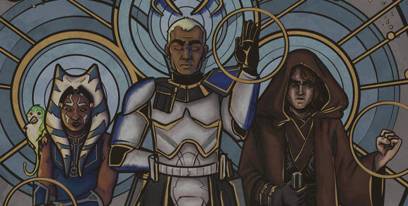 work in progress of a piece, with anakin, ahsoka, and rex standing side by side in a reference to the mortis mural in rebels.